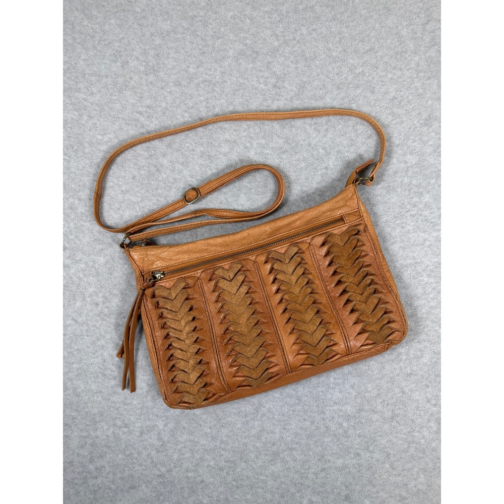 Day & Mood Linny Crossbody Bag Tan Leather Woven Chevron Anthropologie Boho